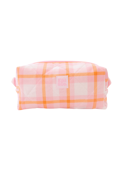 Quilted Makeup Bag- Pink/Orange Plaid